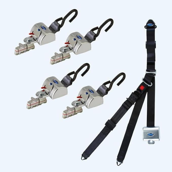 Q’Straint Q-8300-A1-L QRT Max Wheelchair Tie-Down Kit for L-Track – 4 Knobless Retractors with Positive Lock Indicators, L-Track Fittings, and Occupant Restraint System