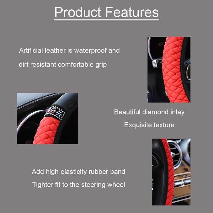 Microfiber Leather Steering Wheel Cover with Anti-Slip Lining Universal Car Accessory for Steering Wheel with a Diameter of 14.5-15 inch (Red)