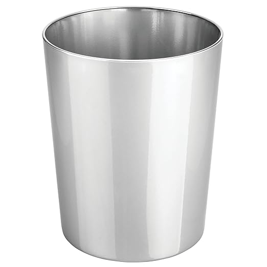 mDesign Round Metal Small 1.7 Gallon Recycle Trash Can Wastebasket, Garbage Container Bin for Bathrooms, Kitchen, Bedroom, Home Office - Durable Stainless Steel - Mirri Collection - 2 Pack - Chrome