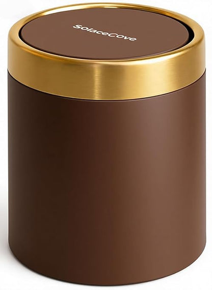 Countertop Trash Can with Lid for Desk Top,0.4 Gallon Stainless Steel Mini Trash Can for Desk、Car、Office、Kitchen,Swing Top Trash Bin with a Roll of Trash Bag(Brown)