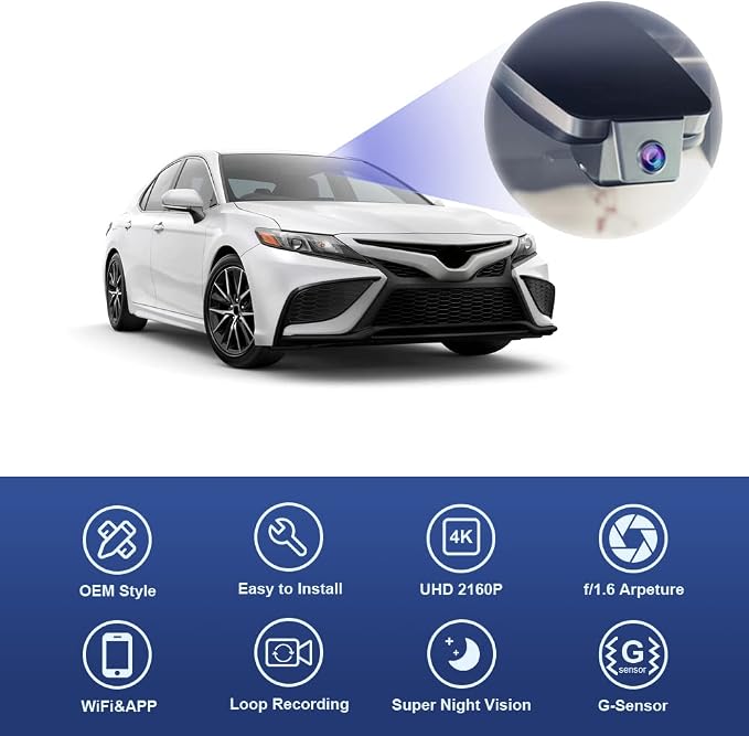 Fitcamx 4K Dash Cam Suitable for Toyota Camry 2021 2022 2023 2024 LE L XLE TRD XSE SE Hybrid (Gen8/XV70), OEM Look, 2160P UHD Video， WiFi & APP, Loop Recording, G-Sensor, Easy to Use, 64GB Card