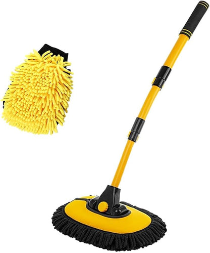 Car Wash Brush Kit, 40" Auto Wash Mop with 15° Curved Extendable Long Handle, Soft Scratch-Free Car Cleaning Mop Mitt to Clean Your Car Shine Like New, Car Accessories (Black+Yellow)