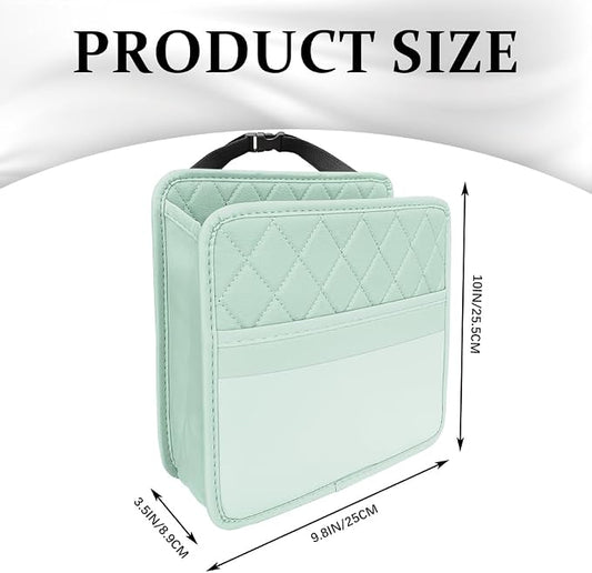 Car Seat Back Organizer, Leather Backseat Hanging Storage Bag, Multipurpose Car Hanging Trash Bag with 2 Compartments, Car Large Capacity Pouch Pocket for Kids & Adults (Green/Transparent Bag)