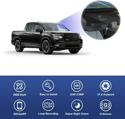 Fitcamx 4K Dash Cam Suitable for Honda Ridgeline 2017-2026 RT RTS Trail Sport Black Edition RTL (DZ-0337), OEM Look, UHD 2160P Video, WiFi & APP, Loop Recording, G-Sensor, Plug & Play, 64GB Card