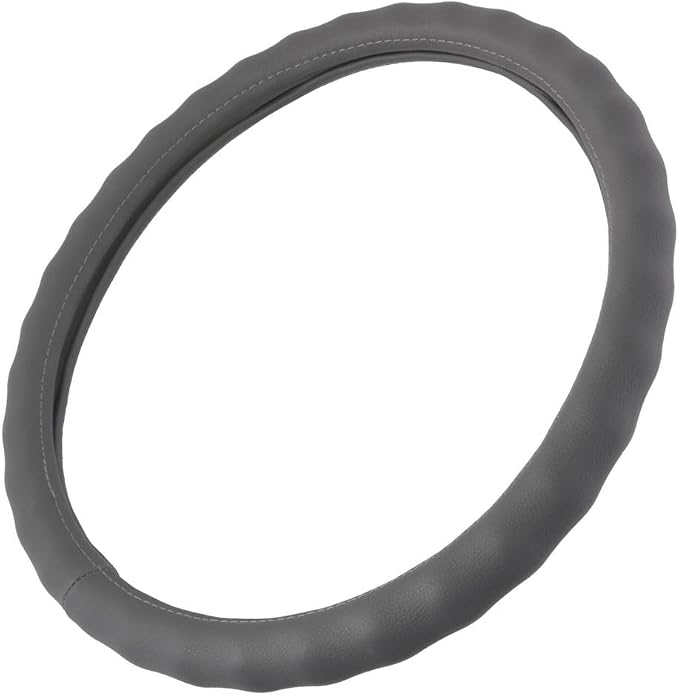 BDK Gray Leather Car Steering Wheel Cover Large Size 15.5 to 16 inch, Easy Installation