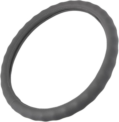 BDK Gray Leather Car Steering Wheel Cover Large Size 15.5 to 16 inch, Easy Installation