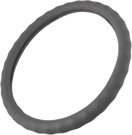 BDK Gray Leather Car Steering Wheel Cover Large Size 15.5 to 16 inch, Easy Installation