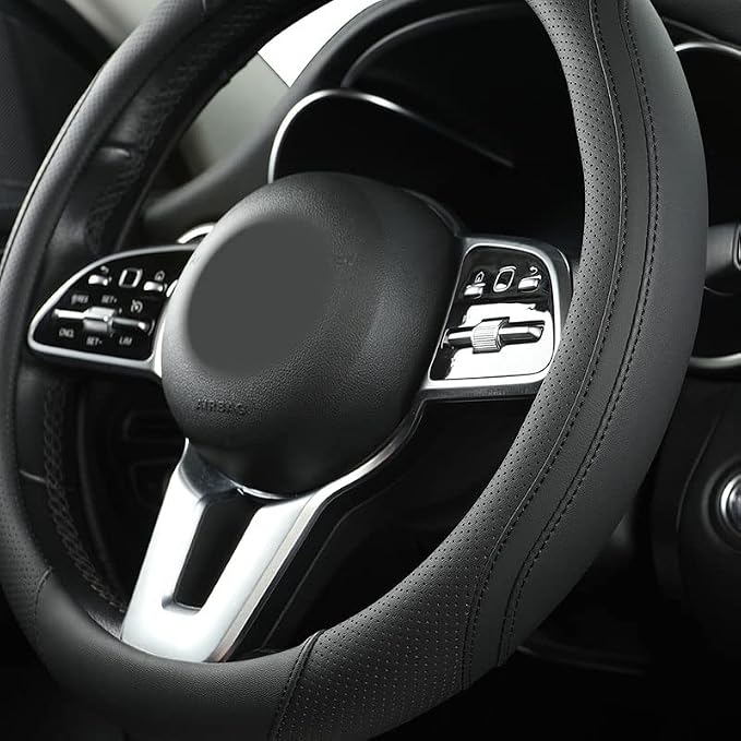 Car Steering Wheel Cover, Leather Steering Wheel Cover Black Universal 14.5-15 Inch Microfiber Leather Anti-Slip Breathable Auto Steering Wheel Covers Accessories for Men Women