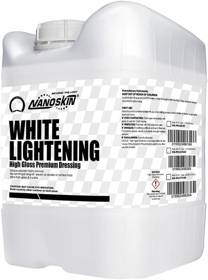 Nanoskin WHITE LIGHTENING Premium Dressing 5 Gallons – Universal Thick Wipe-On Dressing for Car Detailing | Works on Tire, Vinyl, Rubber, Plastic & Trim | For Cars, Trucks, Motorcycles, RVs & More