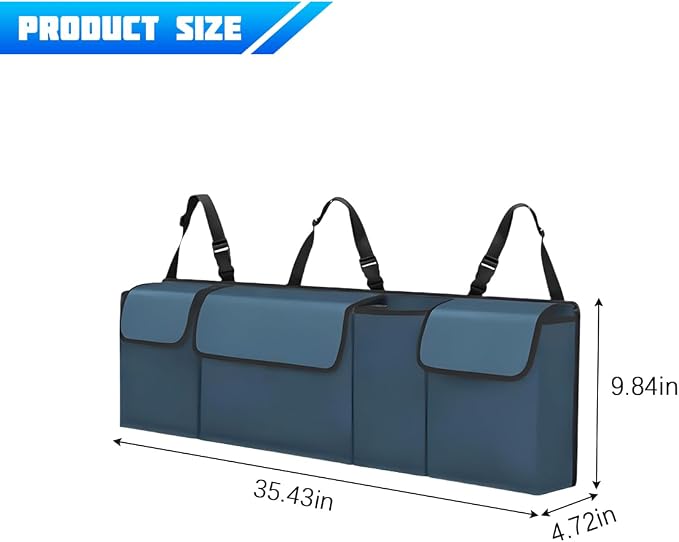 Car Trunk Organizer with Lid, Large Waterproof Vehicle Backseat Hanging Storage Bag with 4 Pockets & Adjustable Straps, Collapsible Automotive Interior Cargo Bag, Universal Fit (Blue)