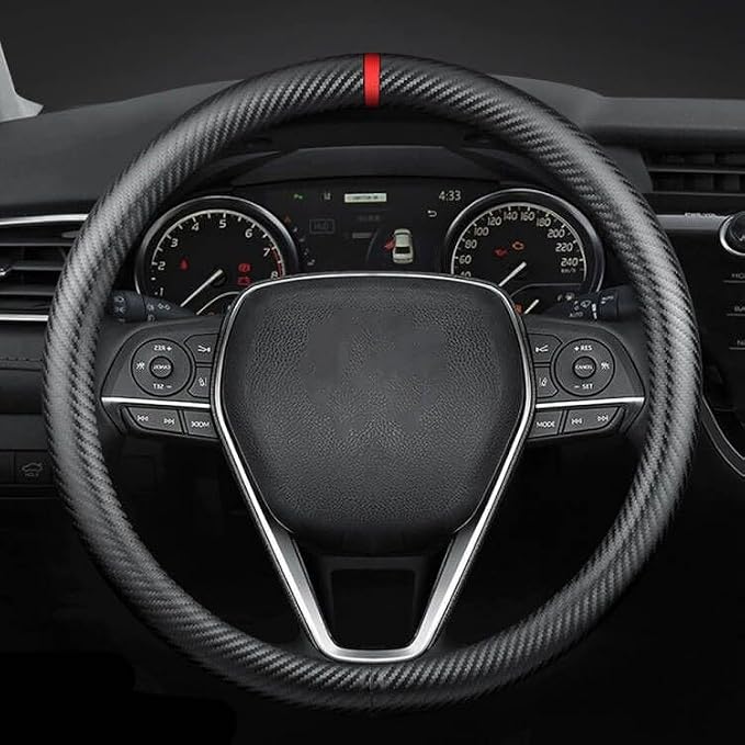 Carbon Fiber Leather car Steering Wheel Cover, Comfortable and Anti-Skid, Universal 15 inch (Black)