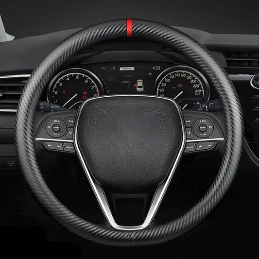Carbon Fiber Leather car Steering Wheel Cover, Comfortable and Anti-Skid, Universal 15 inch (Black)