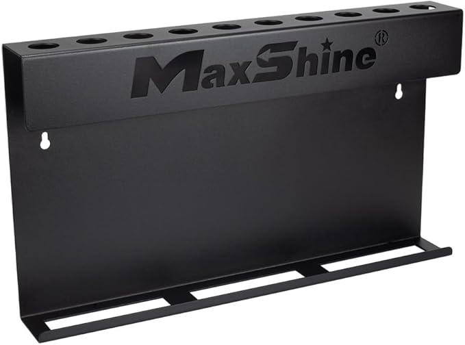 Maxshine Universal Brush & Trigger Bottle Holder – Wall-Mount Organizer Holds 10 Brushes & 6 Spray Bottles – Black Powder-Coated Metal Rack for Garage, Auto Detailing Shop & Car Care Storage