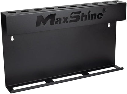 Maxshine Universal Brush & Trigger Bottle Holder – Wall-Mount Organizer Holds 10 Brushes & 6 Spray Bottles – Black Powder-Coated Metal Rack for Garage, Auto Detailing Shop & Car Care Storage