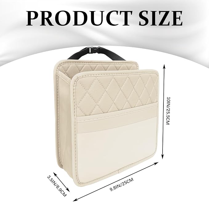 Car Seat Back Organizer, Leather Backseat Hanging Storage Bag, Multipurpose Car Hanging Trash Bag with 2 Compartments, Car Large Capacity Pouch Pocket for Kids & Adults (Beige/Transparent Bag)