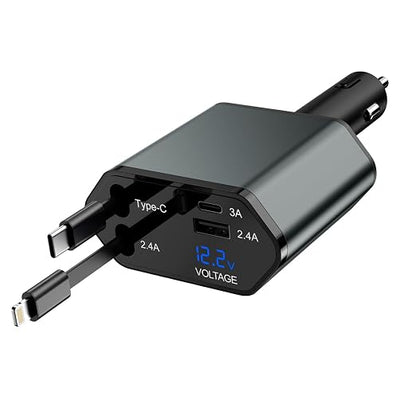 66W Retractable Car Charger,CarCharger Fast Charging 4 in 1 Car Phone Charger Retractable USB C Cable,Type C to Lightning Cord,USB C Port and USB A Port Fast Charging for iPhone 16/15/14,iPad
