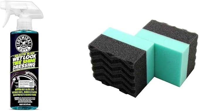 Chemical Guys TVD11816 Galactic Black Wet Look Tire Shine Dressing,16 fl oz + ACC_300_2 Wonder Wave Durafoam Contoured Large Tire Dressing Applicator Pad, Pack of 2
