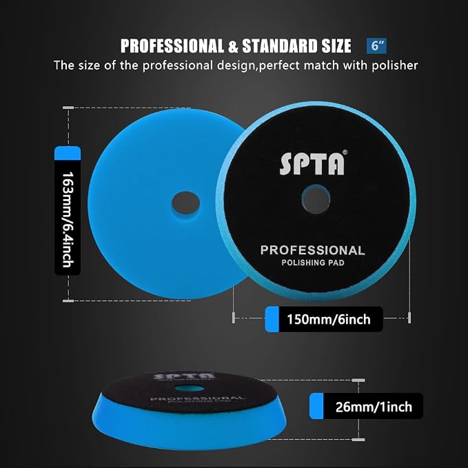 Blue T60 Moderate-Cut Foam Polishing Pad, SPTA 1Pc 6.5 Inch Face for 6 Inch 150mm Backing Plate Compound Buffing Sponge Pads for Car Buffer Polisher Compounding, Polishing and Waxing -FPBFS6B
