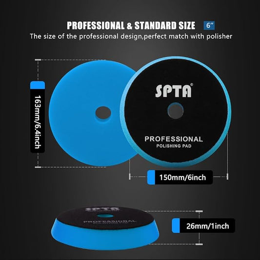 Blue T60 Moderate-Cut Foam Polishing Pad, SPTA 1Pc 6.5 Inch Face for 6 Inch 150mm Backing Plate Compound Buffing Sponge Pads for Car Buffer Polisher Compounding, Polishing and Waxing -FPBFS6B