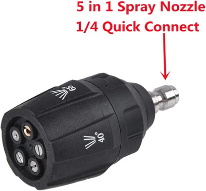 5 in 1 High Pressure Spray Nozzle with 1/4 Quick Connect (5 Settings: 0, 15, 25, 40, 65)