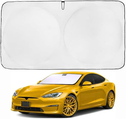 Windshield Sun Shade Compatible for Tesla Model S | Certified 99.87% UVB & 99.02% UVA Car Sun Shade. Award Winning Sunshade - Patented Technology | Car Shades by Kinder Fluff