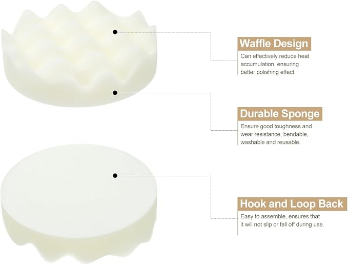 HARFINGTON 3pcs Buffing Sponge Pads 4" Polishing Wheel Waffle Finishing Grip Pad Car Buffer Polisher with Hook and Loop Back for Car Detailing Polishing Waxing, White
