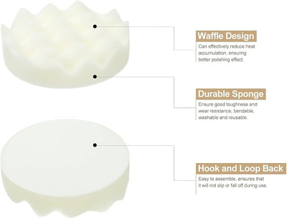 HARFINGTON 3pcs Buffing Sponge Pads 4" Polishing Wheel Waffle Finishing Grip Pad Car Buffer Polisher with Hook and Loop Back for Car Detailing Polishing Waxing, White
