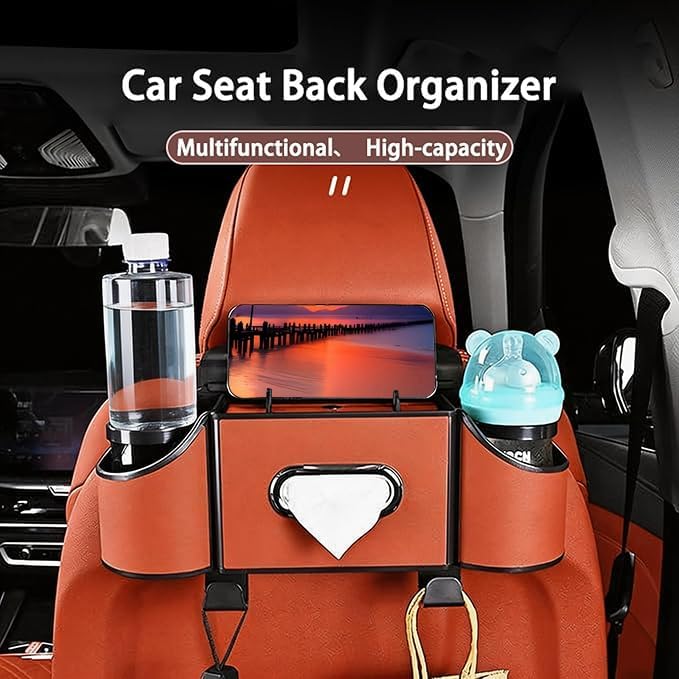 Back Seat Car Organizer,4 in 1 Multifunctional Car Back Seat Storage Box with Drink Cup Holder Tissue Box, for Hold Phone,Snacks, Drinks, Handbag-Orange
