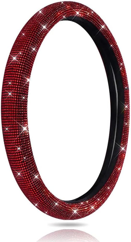 Car Bling Steering Wheel Cover for Women Girls Burgundy 15 Inch Universal Red Crystal Rhinestone Diamonds Bling Bling Accessories Anti-Slip Wheel Protector