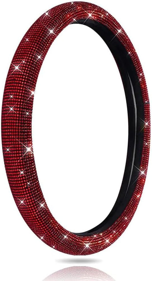 Car Bling Steering Wheel Cover for Women Girls Burgundy 15 Inch Universal Red Crystal Rhinestone Diamonds Bling Bling Accessories Anti-Slip Wheel Protector