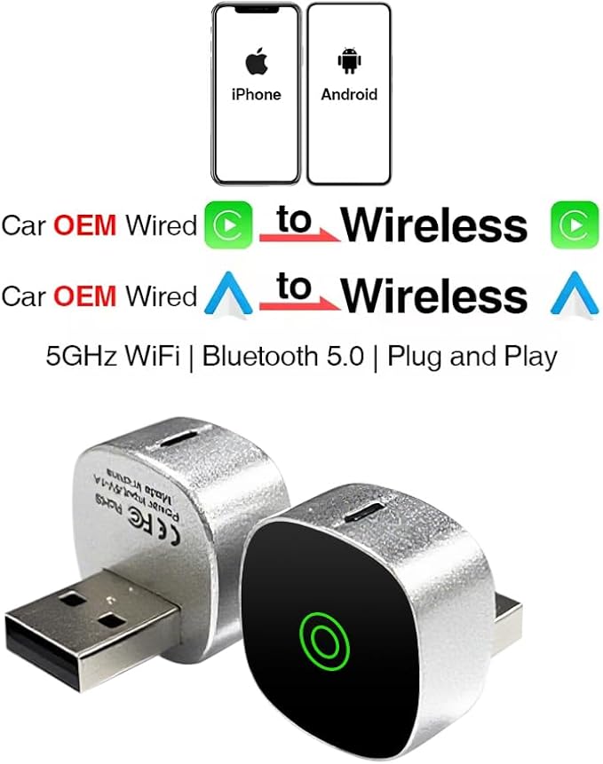 2-in-1 Wireless CarPlay Adapter for iPhone ＆ Wireless Android auto Adapter, Plug and Play USB/USB C Connection, Apple Car Play Wireless Adapter for iOS/Android
