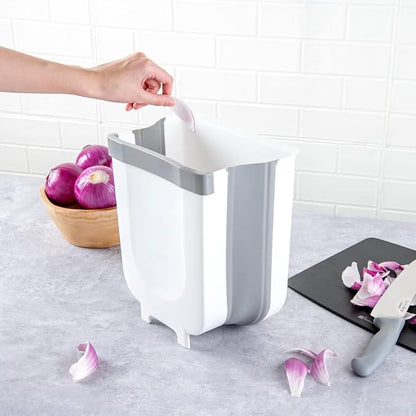 Restaurantware RW Base 11.4 x 10 x 7.1 Inch Foldable Trash Bin 1 Collapsible Garbage Can - Mountable U-Shaped Slot Gray Plastic Trash Can Detachable Retainer Plate With Fixed Feet