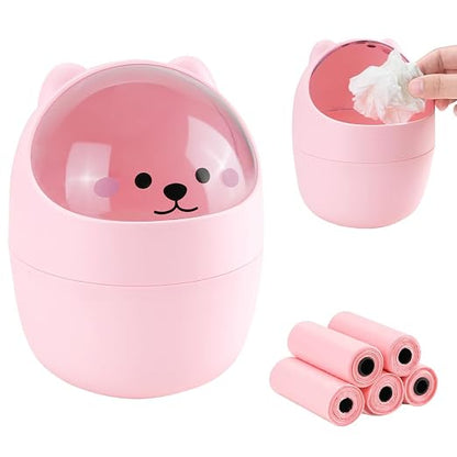 Mini Trash Can, Cute Small Trash Can with Lid, Desktop Paper Bin with 5 Rolls of Bin Liners, Portable Tabletop Dustbin, Cartoon Animal Rubbish Storage for Office Bedroom Desk Car Kitchen(Pink)