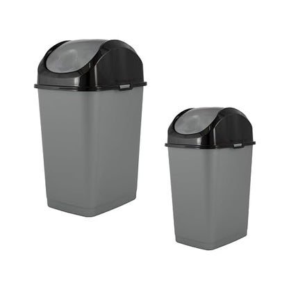 Superio Mini 1.25 Gallon and Small 2.5 Gallon Plastic Trash Cans with Swing Top Lid, Grey Waste Bin for Countertop, Desk, Vanity, Bathroom, 2 Pack (Grey/Black)