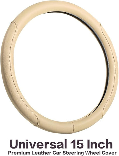 Microfiber Leather Steering Wheel Cover with Classic Embossing, Anti-Slip Breathable Auto Car Wheel Protector, Fit 15 Inch (Beige)