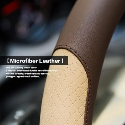 Steering Wheel Cover, Microfiber Leather Splicing with Classic Embossing,Contrasting Colors Anti-Slip Breathable Auto Car Steering Wheel Cover Fit 15 Inch Car Wheel Protector (Coffee&Beige)