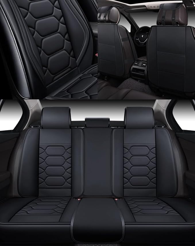 OASIS AUTO Car Seat Covers Full Set, Sporty Faux Leather with Honeycomb Pattern, Waterproof Universal Fit for SUV, Sedan, Pick-up Truck, Automotive Interior Accessories (OS-004 Black)