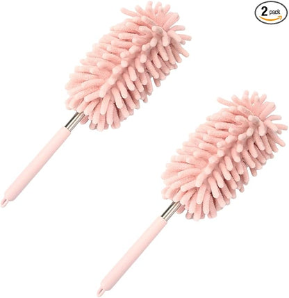 2PCS Car Interior Duster with Extension Pole – Washable Microfiber Dusters Detailing Brushes with Bendable Head, Long Handle Cleaning Duster Tool for Car Dash, Vents, Window, Furniture, Office (Pink)