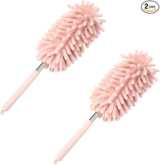 2PCS Car Interior Duster with Extension Pole – Washable Microfiber Dusters Detailing Brushes with Bendable Head, Long Handle Cleaning Duster Tool for Car Dash, Vents, Window, Furniture, Office (Pink)