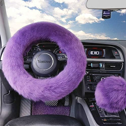 Yontree Fashion Fluffy Steering Wheel Covers for Women/Girls/Ladies Australia Pure Wool 15 Inch1 Set 3 Pcs (Purple)