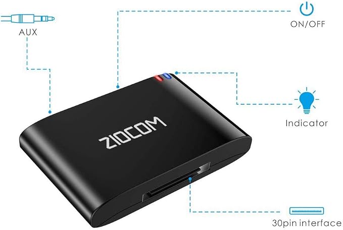 ZIOCOM 30 Pin Bluetooth Adapter Receiver for Bose iPod iPhone SoundDock and Other 30 pin Dock Speakers with 3.5mm Aux Cable(Not for Car and Motorcycles)