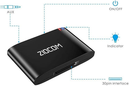 ZIOCOM 30 Pin Bluetooth Adapter Receiver for Bose iPod iPhone SoundDock and Other 30 pin Dock Speakers with 3.5mm Aux Cable(Not for Car and Motorcycles)