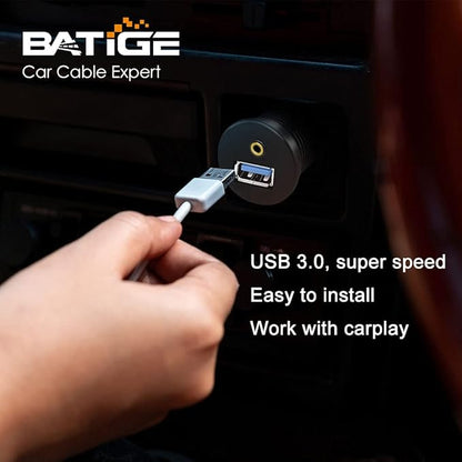 USB 3.0 & 3.5mm Car Mount Flush Cable 3.5mm + USB3.0 AUX Extension Dash Panel Waterproof Mount Cable for Car Boat and Motorcycle 1ft