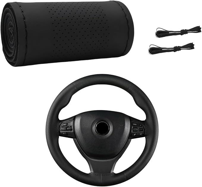 Wevdn Genuine Leather Steering Wheel Cover, Stitch on Wrap, DIY Sewing Steering Wheel Protector, 15 Inch Breathable Non-Slip Steering Wheel Protector, Car Accessories (Black, Middle Hole)