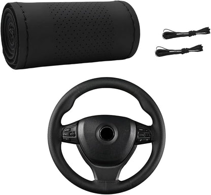 Wevdn Genuine Leather Steering Wheel Cover, Stitch on Wrap, DIY Sewing Steering Wheel Protector, 15 Inch Breathable Non-Slip Steering Wheel Protector, Car Accessories (Black, Middle Hole)