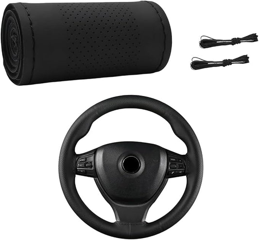Wevdn Genuine Leather Steering Wheel Cover, Stitch on Wrap, DIY Sewing Steering Wheel Protector, 15 Inch Breathable Non-Slip Steering Wheel Protector, Car Accessories (Black, Middle Hole)