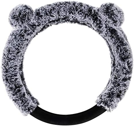 BDK Bear Fur Plush Steering Wheel Cover - Cute Faux Wool Protector for Women Girls Fits Wheels 14.5-15 inch Gray - with Ears