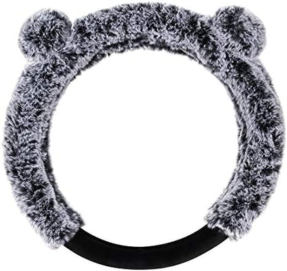 BDK Bear Fur Plush Steering Wheel Cover - Cute Faux Wool Protector for Women Girls Fits Wheels 14.5-15 inch Gray - with Ears