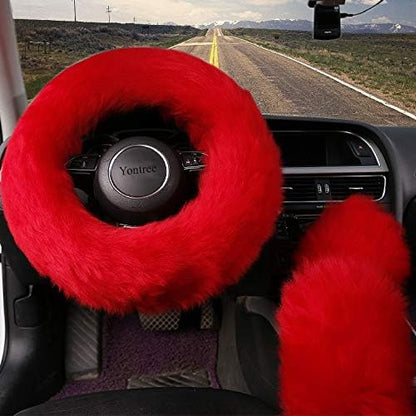 Yontree Fashion Fluffy Steering Wheel Covers for Women/Girls/Ladies Australia Pure Wool 15 Inch 1 Set 3 Pcs (Red)