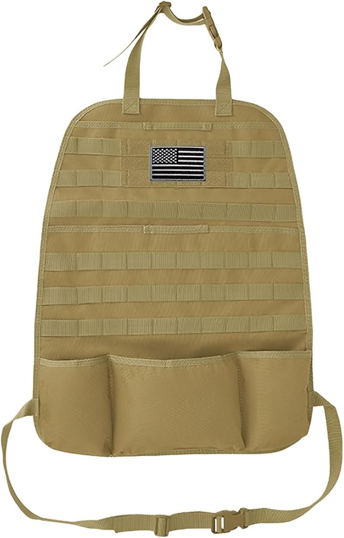 Tactical Molle Car Seat Back Organizer, Vehicle Panel Car Seat Back Cover Protector with 5 Storage Pouch, Universal Backseat Storage Organizer with USA Flag Patch for Car SUV Truck (Khaki-1 Pc)